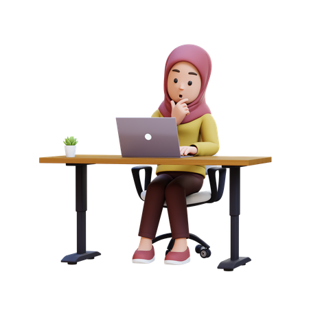 Muslim Girl With Hijab Working At Desk With Laptop  3D Illustration