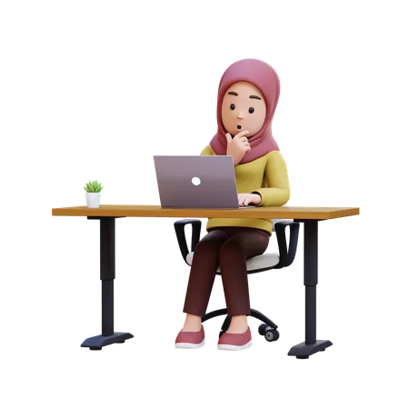 Muslim Girl With Hijab Working At Desk With Laptop  3D Illustration