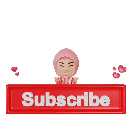 Muslim girl with subscribe button 3D Illustration