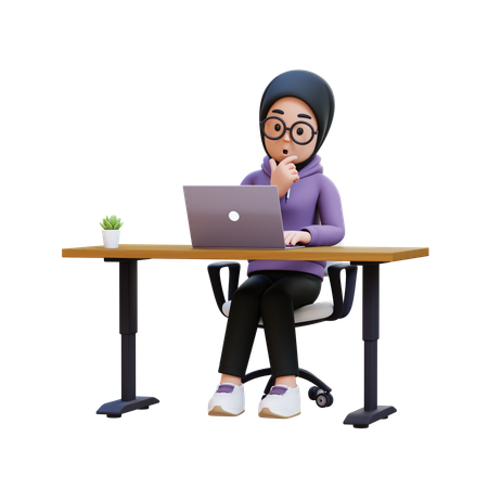 Muslim Girl Working At Desk With Laptop  3D Illustration
