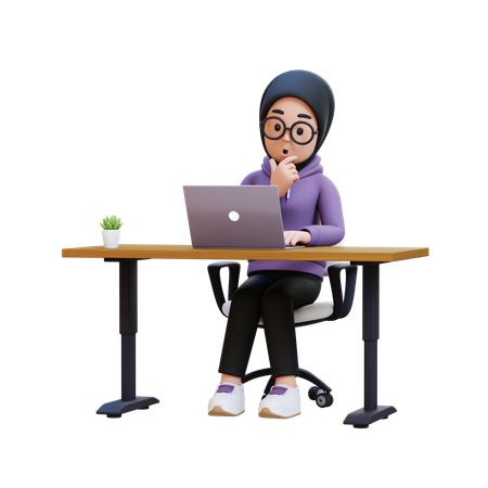 Muslim Girl Working At Desk With Laptop  3D Illustration