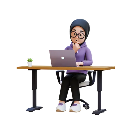 Muslim Girl Working At Desk With Laptop  3D Illustration