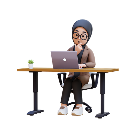 Muslim Girl Working At Desk With Laptop  3D Illustration
