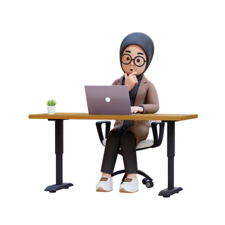 Muslim Girl Working At Desk With Laptop  3D Illustration