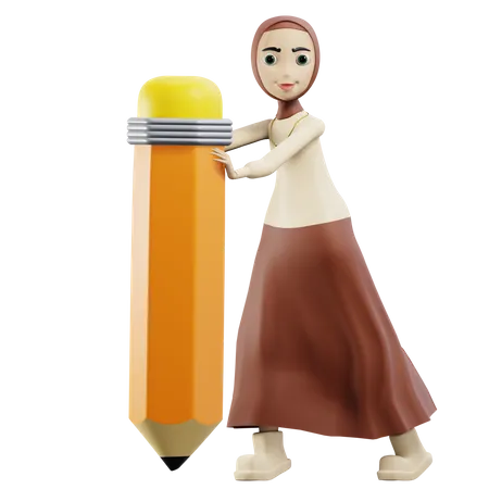 Muslim lady with big pen 3D Illustration
