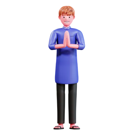 3 D Character Muslim Male With Blue Clothes 3D Illustration