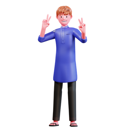 Muslim Male showing victory sign  3D Icon