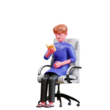 Muslim Male sitting on chair while reading quran  3D Icon
