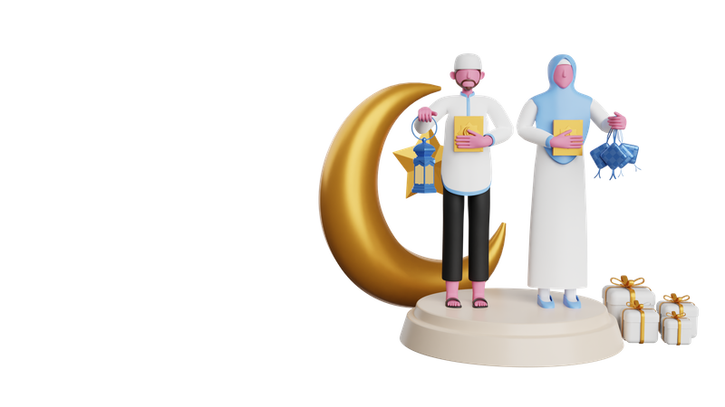 Muslim Man and woman giving Ramadan gifts 3D Illustration