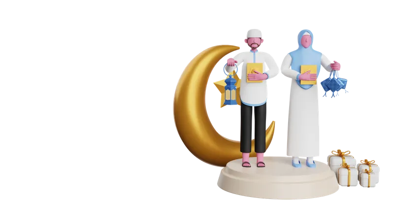 Muslim Man and woman giving Ramadan gifts 3D Illustration