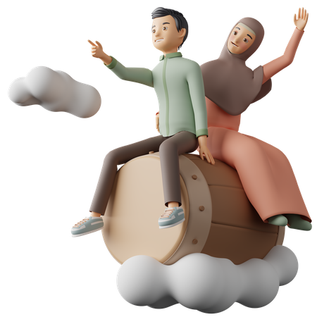Muslim man and woman Riding Drum  3D Icon