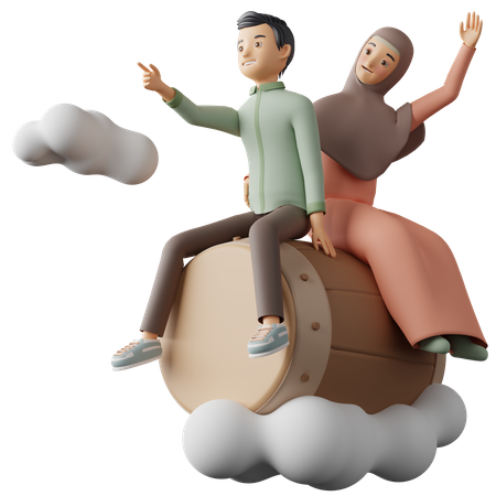 Muslim man and woman Riding Drum  3D Illustration
