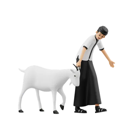 Muslim Man Carrying Goat  3D Illustration