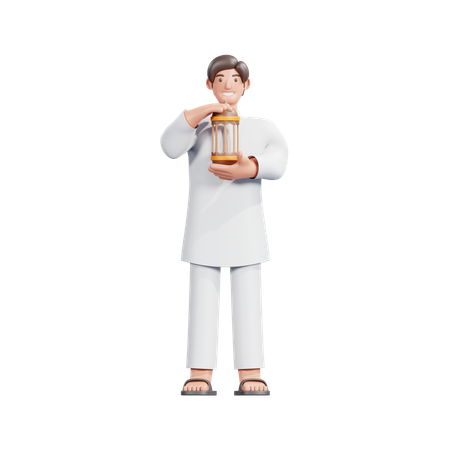 Muslim Man Carrying Islamic Lantern  3D Illustration