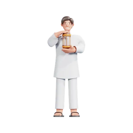Muslim Man Carrying Islamic Lantern  3D Illustration
