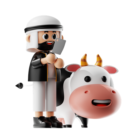 イスラム教徒の男性がイード祭のために牛を屠殺  3D Illustration