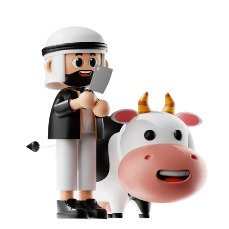 Muslim Man Cuts Cow For Eid Festival  3D Illustration