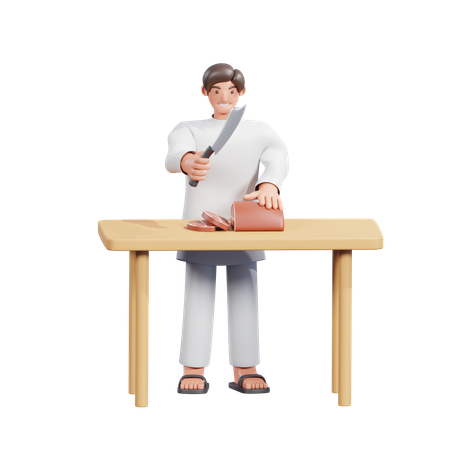 Muslim Man Cutting Qurban Meat  3D Illustration