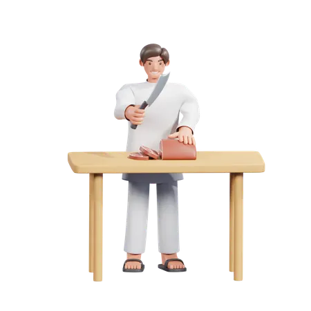 Muslim Man Cutting Qurban Meat  3D Illustration