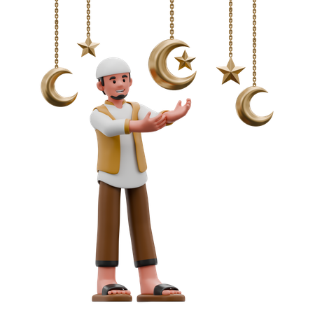 Muslim Man Decorates Ramadan  3D Illustration