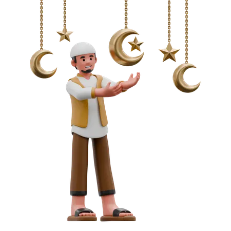 Muslim Man Decorates Ramadan  3D Illustration