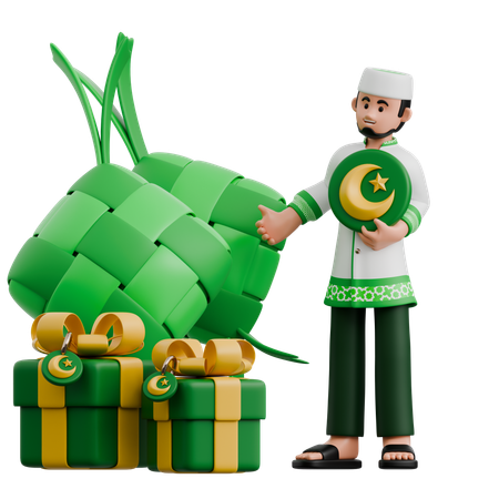 Muslim Man Decorating Ketupat  3D Icon