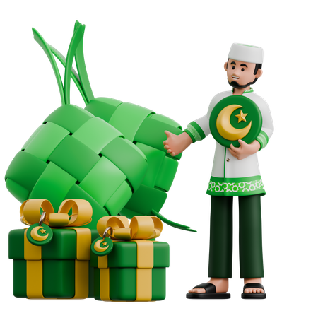 Muslim Man Decorating Ketupat  3D Illustration