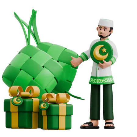 Muslim Man Decorating Ketupat  3D Illustration