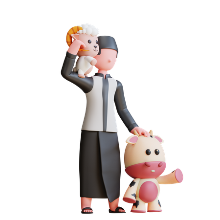 Muslim man doing Cow and sheep baby care  3D Icon