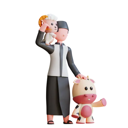 Muslim man doing Cow and sheep baby care 3D Illustration