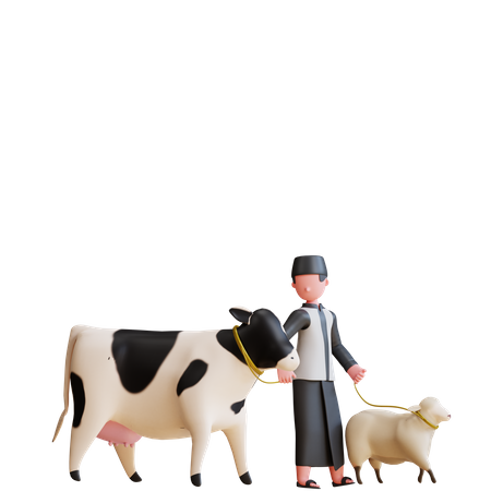 Muslim man doing Cow and sheep care  3D Illustration
