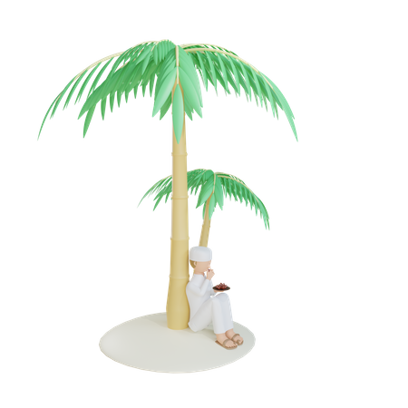 Muslim Man Eat Dates near sitting on palm tree  3D Illustration