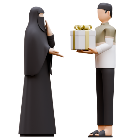 Muslim Man Gives Surprise Gift To His Wife  3D Illustration