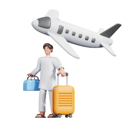 Muslim Man Going By Flight Journey  3D Illustration