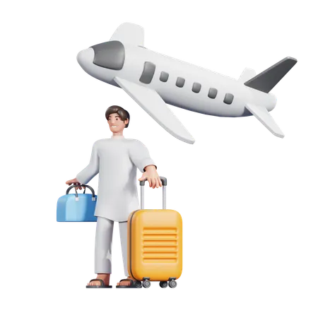 Muslim Man Going By Flight Journey  3D Illustration