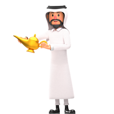 Muslim man holding Aladdin pot  3D Illustration