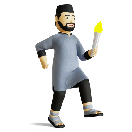 Muslim man holding Fire torch  3D Illustration