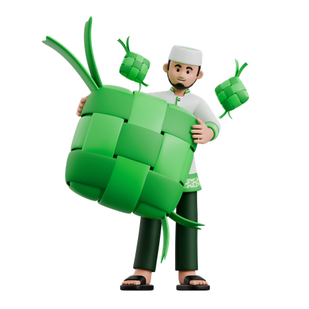 Muslim Man Holding Ketupat  3D Illustration