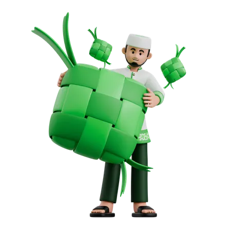 Muslim Man Holding Ketupat  3D Illustration