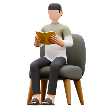 Muslim Man Is Reading Book On Sofa  3D Illustration