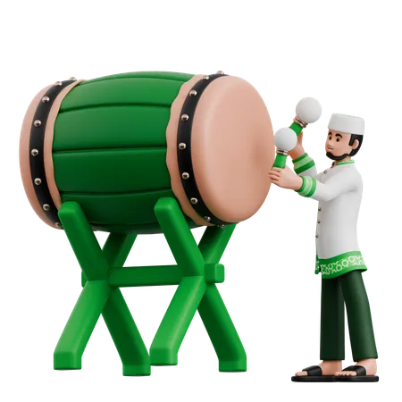 Muslim Man playing Bedug Beat  3D Illustration