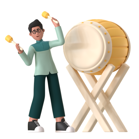 Muslim Man Playing Drum Bedug  3D Illustration