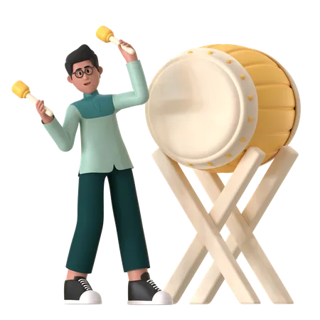 Muslim Man Playing Drum Bedug  3D Illustration