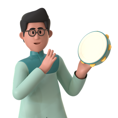 Muslim Man Playing Tambourine  3D Illustration