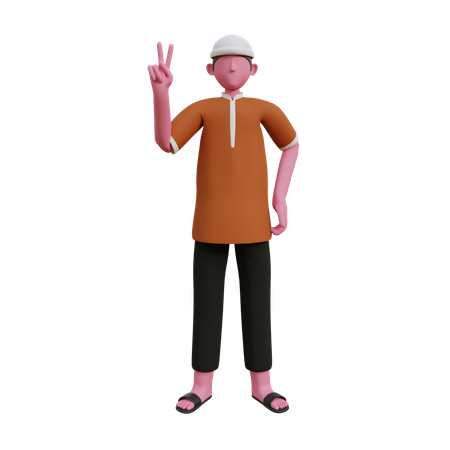 Muslim man showing victory sign  3D Icon