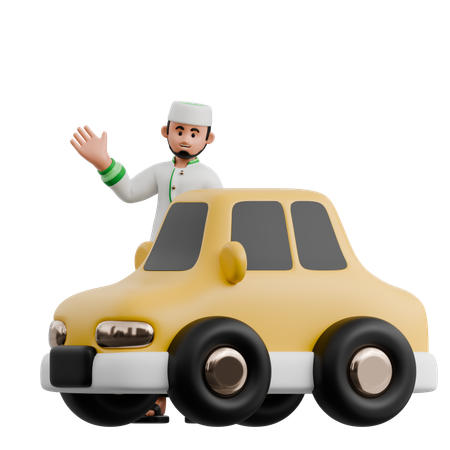 Muslim Man Traveling with car  3D Illustration