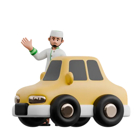Muslim Man Traveling with car  3D Illustration