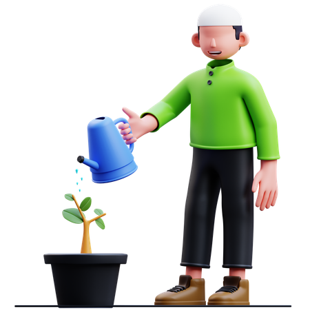 Muslim Man Watering Plants  3D Illustration