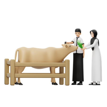 Muslim Men and Women Giving Grass To Cows  3D Illustration