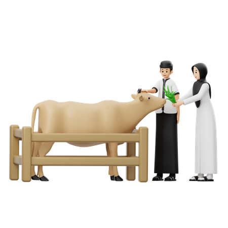 Muslim Men and Women Giving Grass To Cows  3D Icon